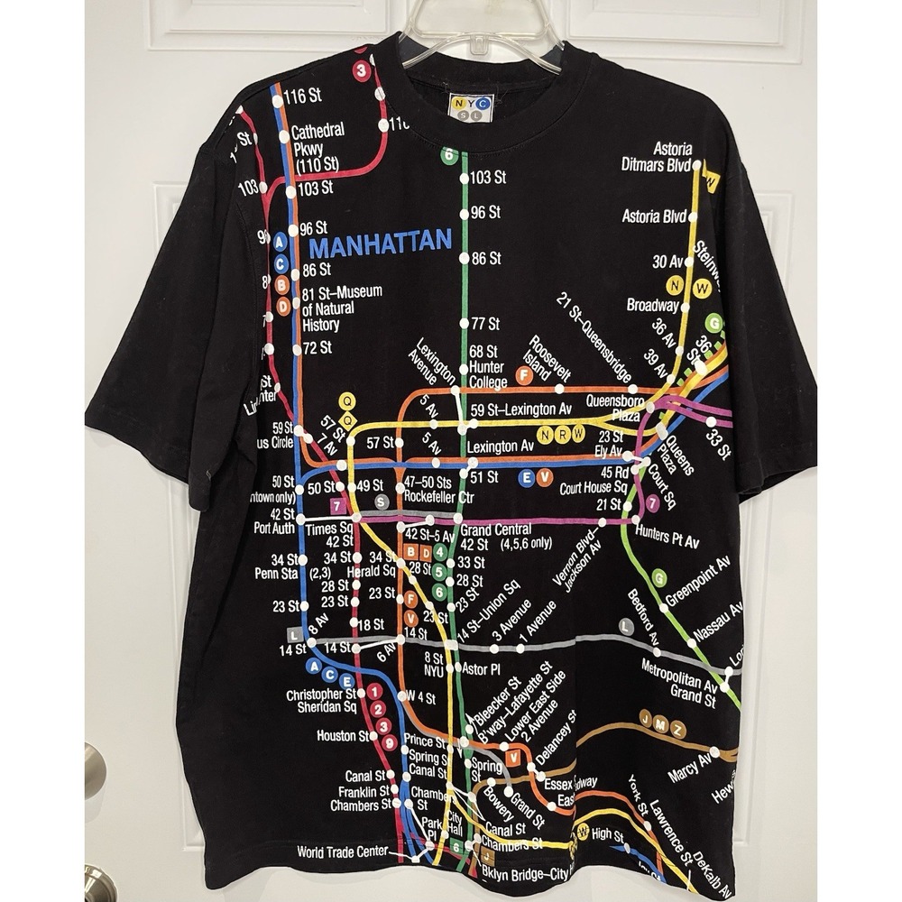 Vintage NYC Subway Line Men's Large T-Shirt Manhattan Black New York City Cotton